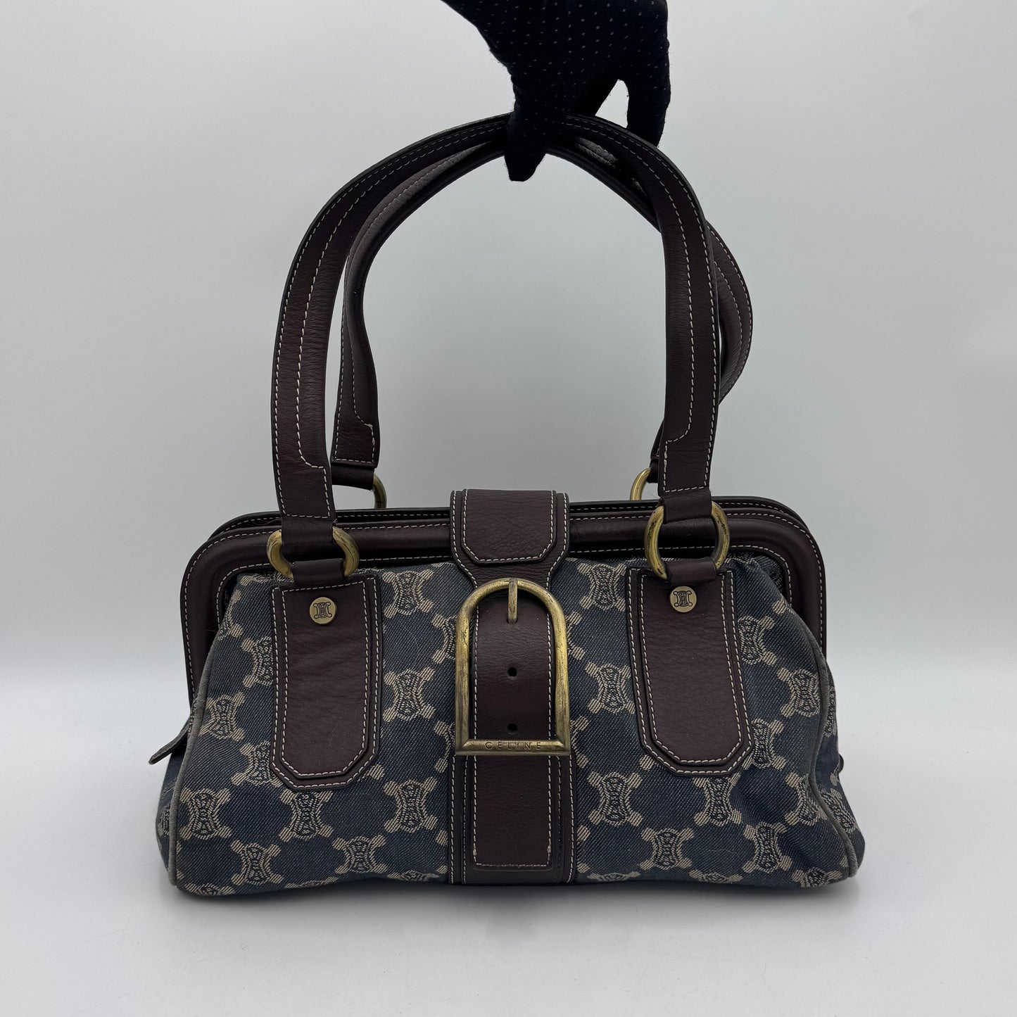 Celine Paris Denim Macadam and Brown Leather Frame Shoulder Bag