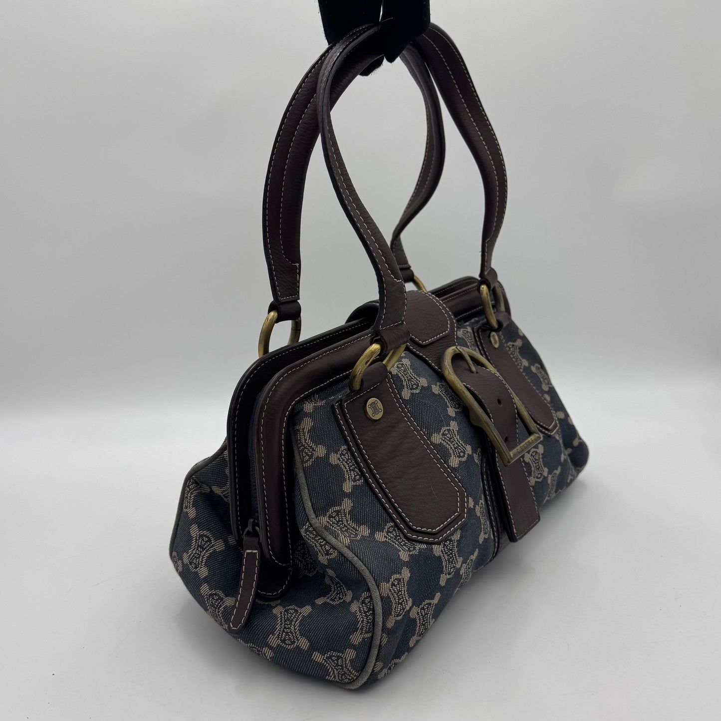 Celine Paris Denim Macadam and Brown Leather Frame Shoulder Bag