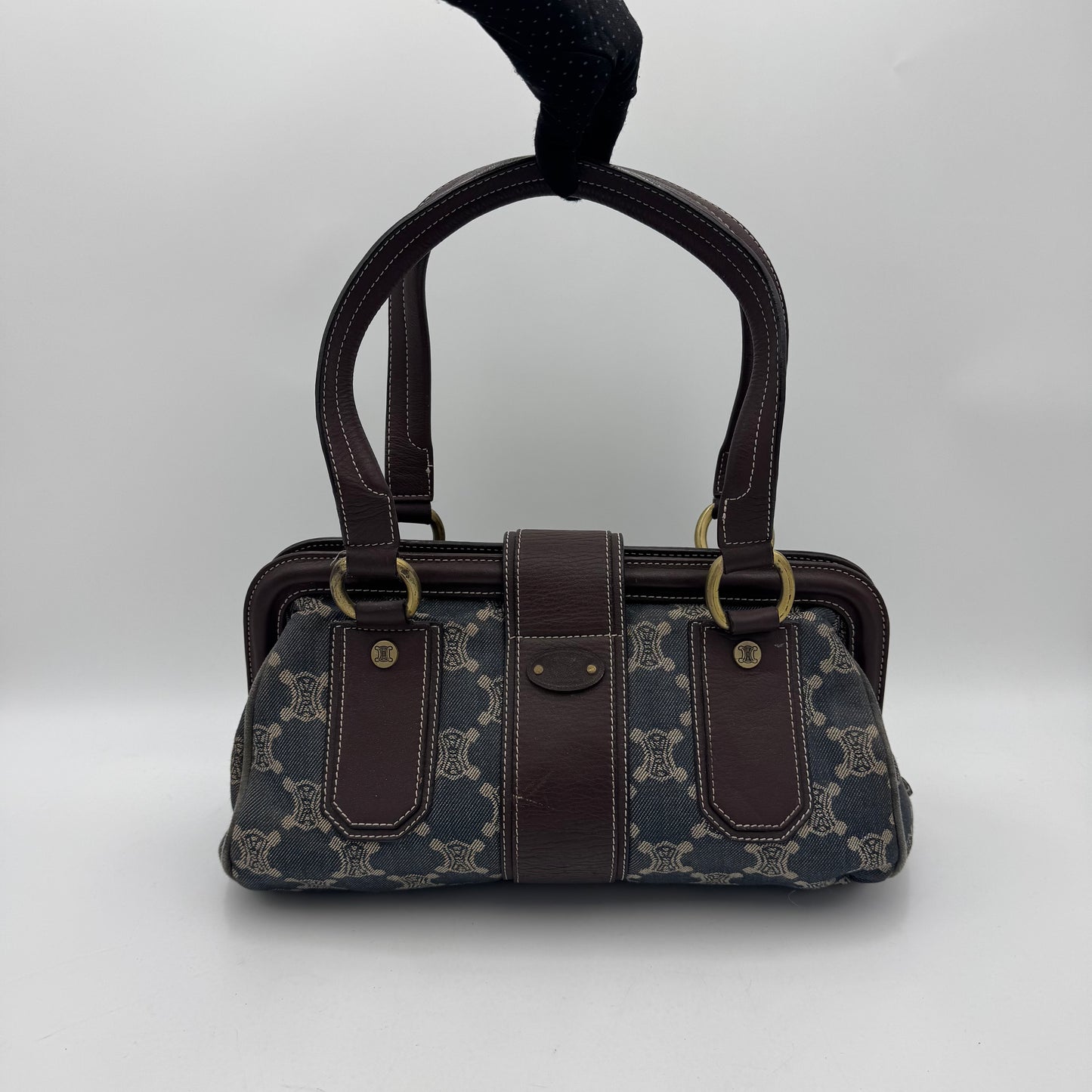 Celine Paris Denim Macadam and Brown Leather Frame Shoulder Bag