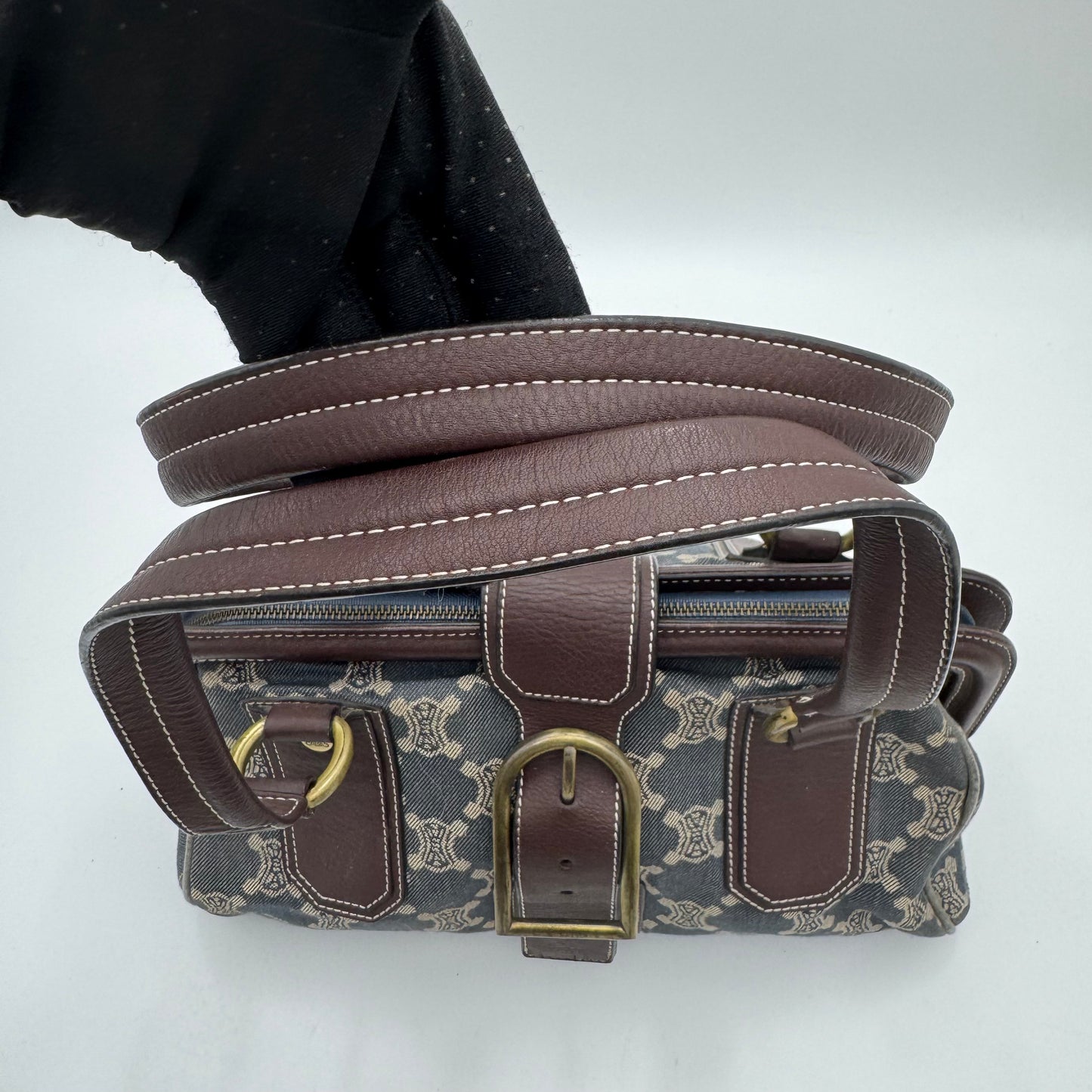 Celine Paris Denim Macadam and Brown Leather Frame Shoulder Bag