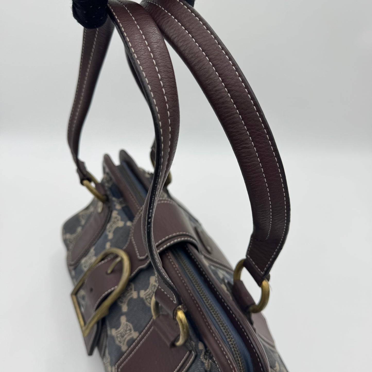 Celine Paris Denim Macadam and Brown Leather Frame Shoulder Bag