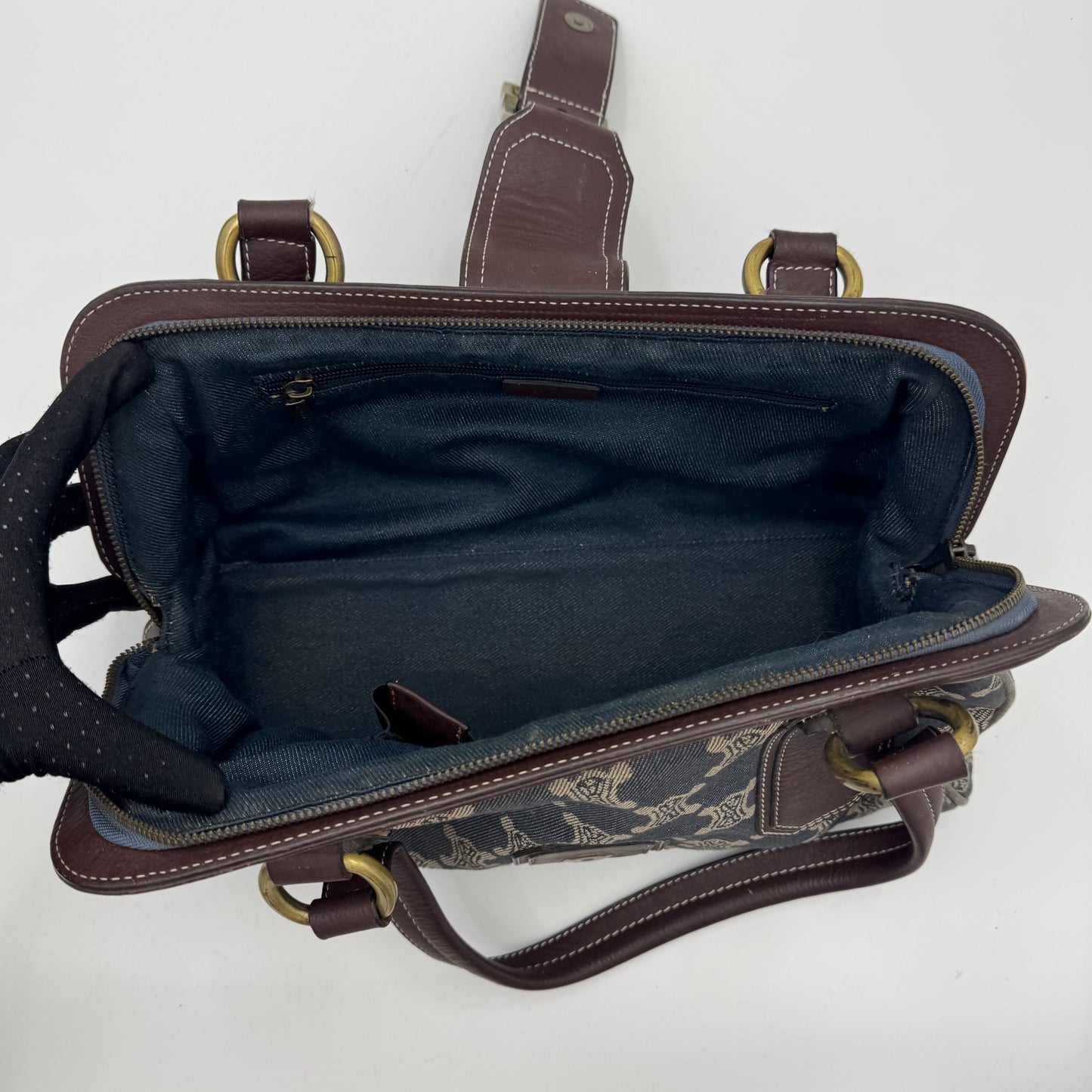 Celine Paris Denim Macadam and Brown Leather Frame Shoulder Bag