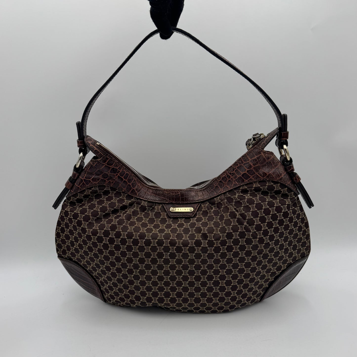 Celine Paris Brown Macadam Cloth and Croc Embossed Leather Hobo Shoulder Bag