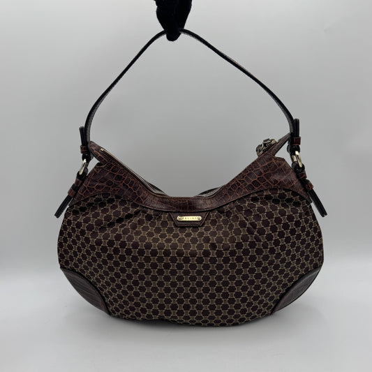 Celine Paris Brown Macadam Cloth and Croc Embossed Leather Hobo Shoulder Bag