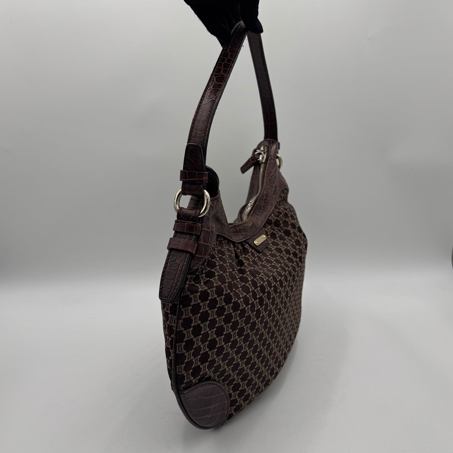 Celine Paris Brown Macadam Cloth and Croc Embossed Leather Hobo Shoulder Bag