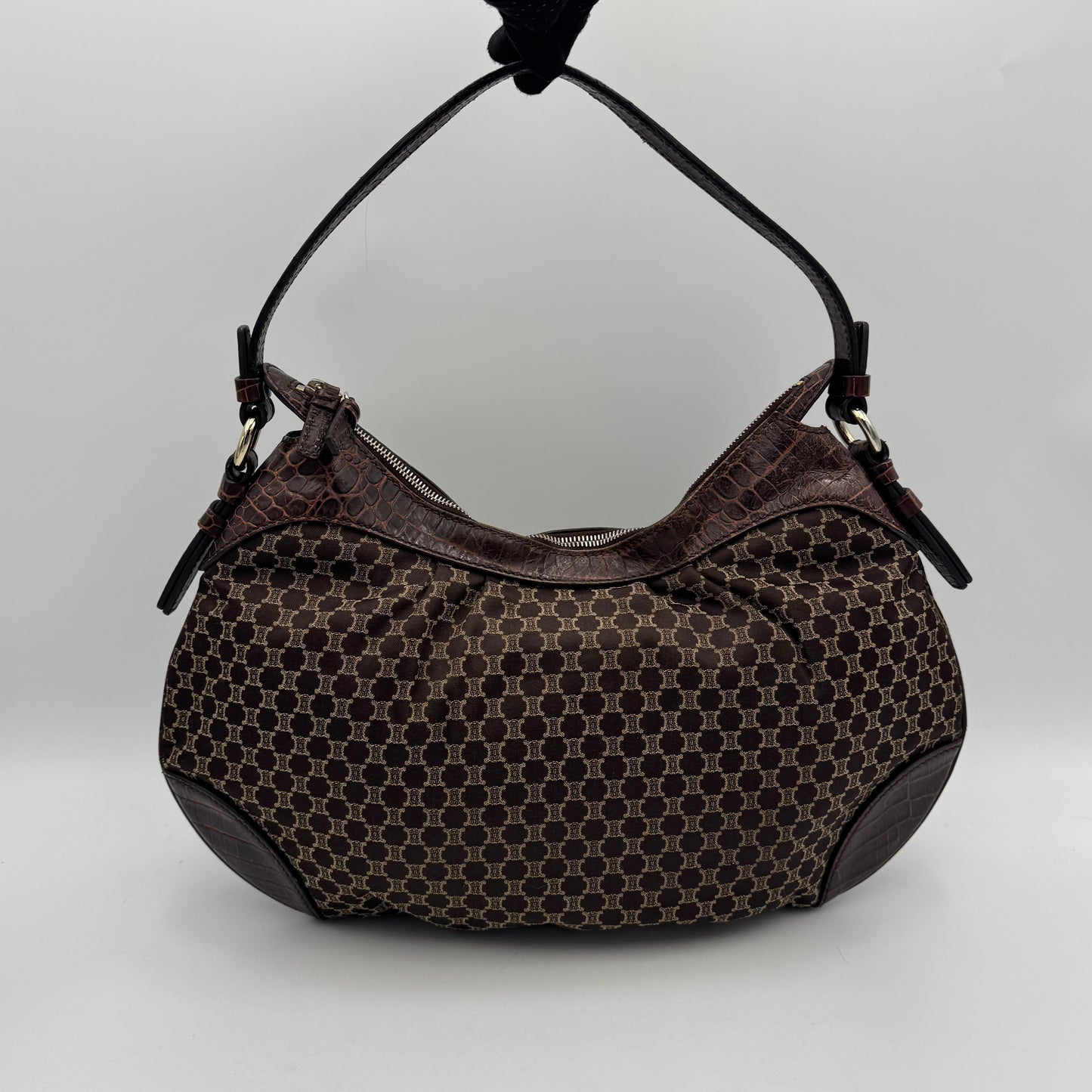 Celine Paris Brown Macadam Cloth and Croc Embossed Leather Hobo Shoulder Bag