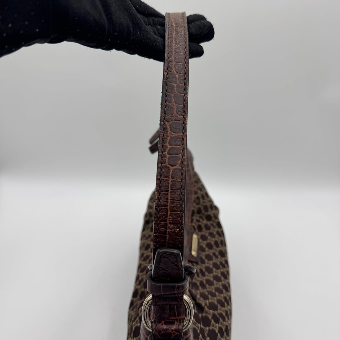 Celine Paris Brown Macadam Cloth and Croc Embossed Leather Hobo Shoulder Bag
