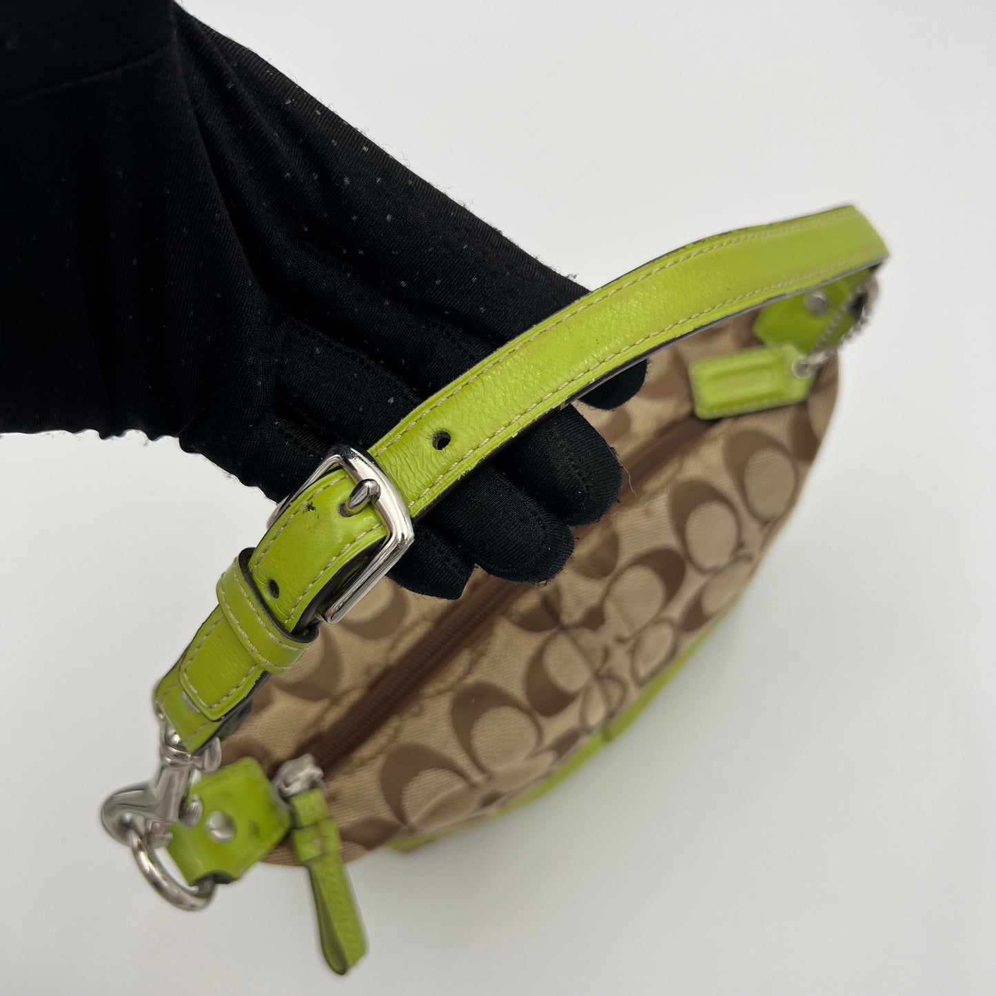 Coach C Signature Canvas Apple Green Stripe Pochette Handbag