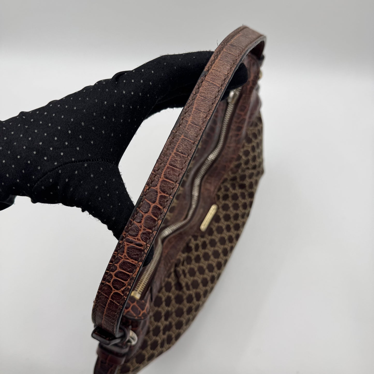Celine Paris Brown Macadam Cloth and Croc Embossed Leather Hobo Shoulder Bag