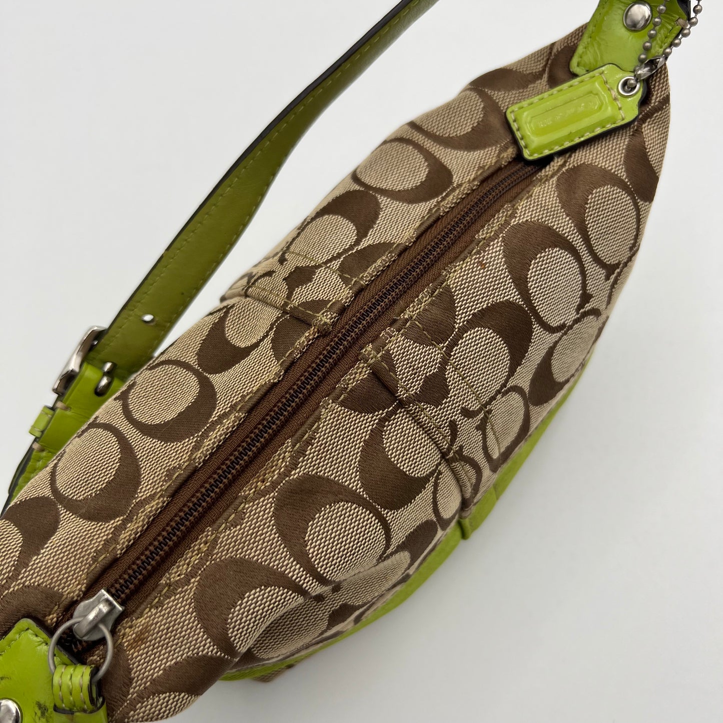 Coach C Signature Canvas Apple Green Stripe Pochette Handbag