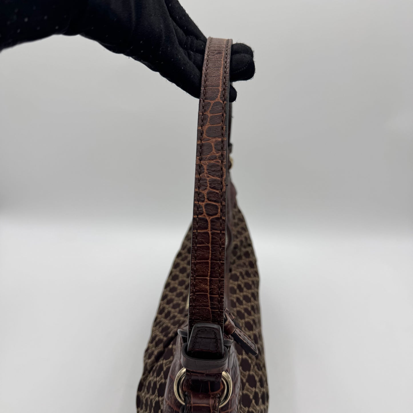 Celine Paris Brown Macadam Cloth and Croc Embossed Leather Hobo Shoulder Bag