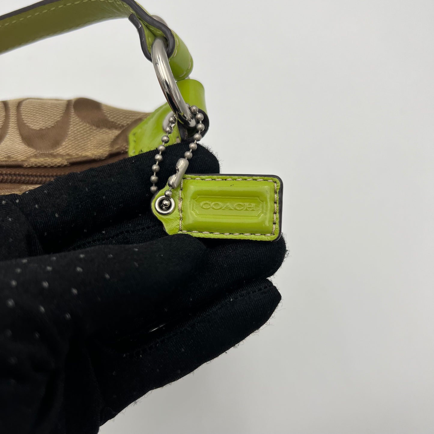 Coach C Signature Canvas Apple Green Stripe Pochette Handbag