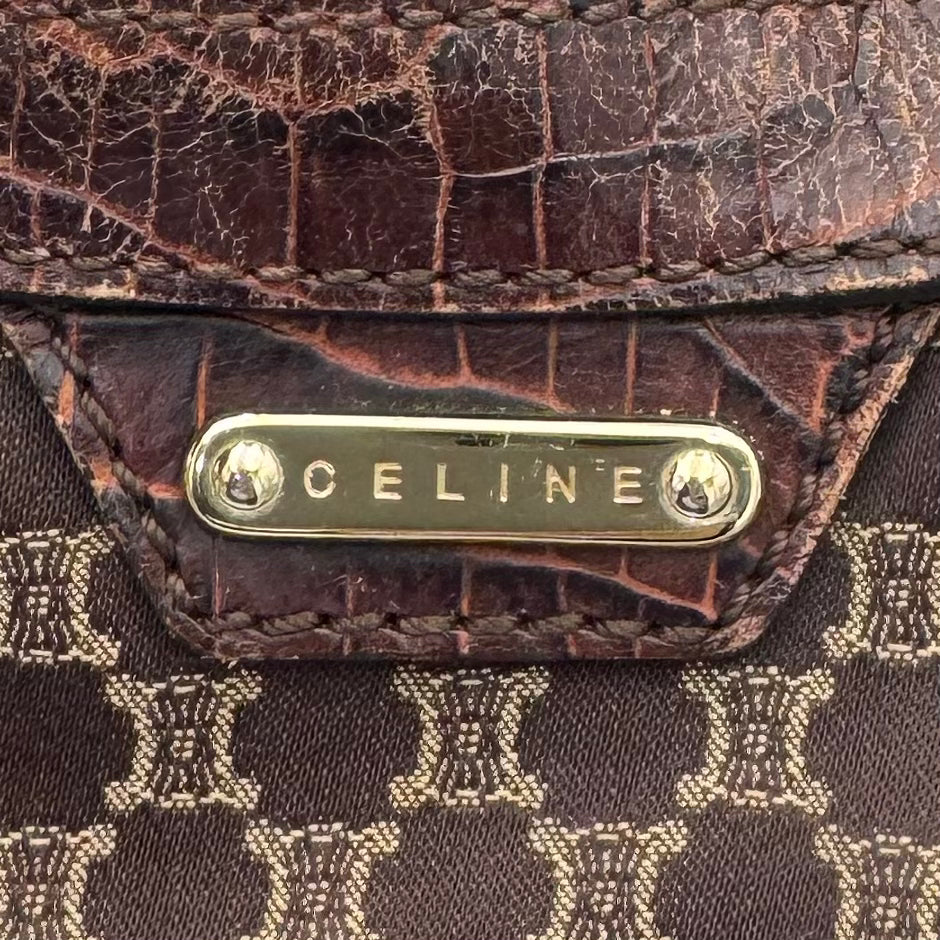 Celine Paris Brown Macadam Cloth and Croc Embossed Leather Hobo Shoulder Bag