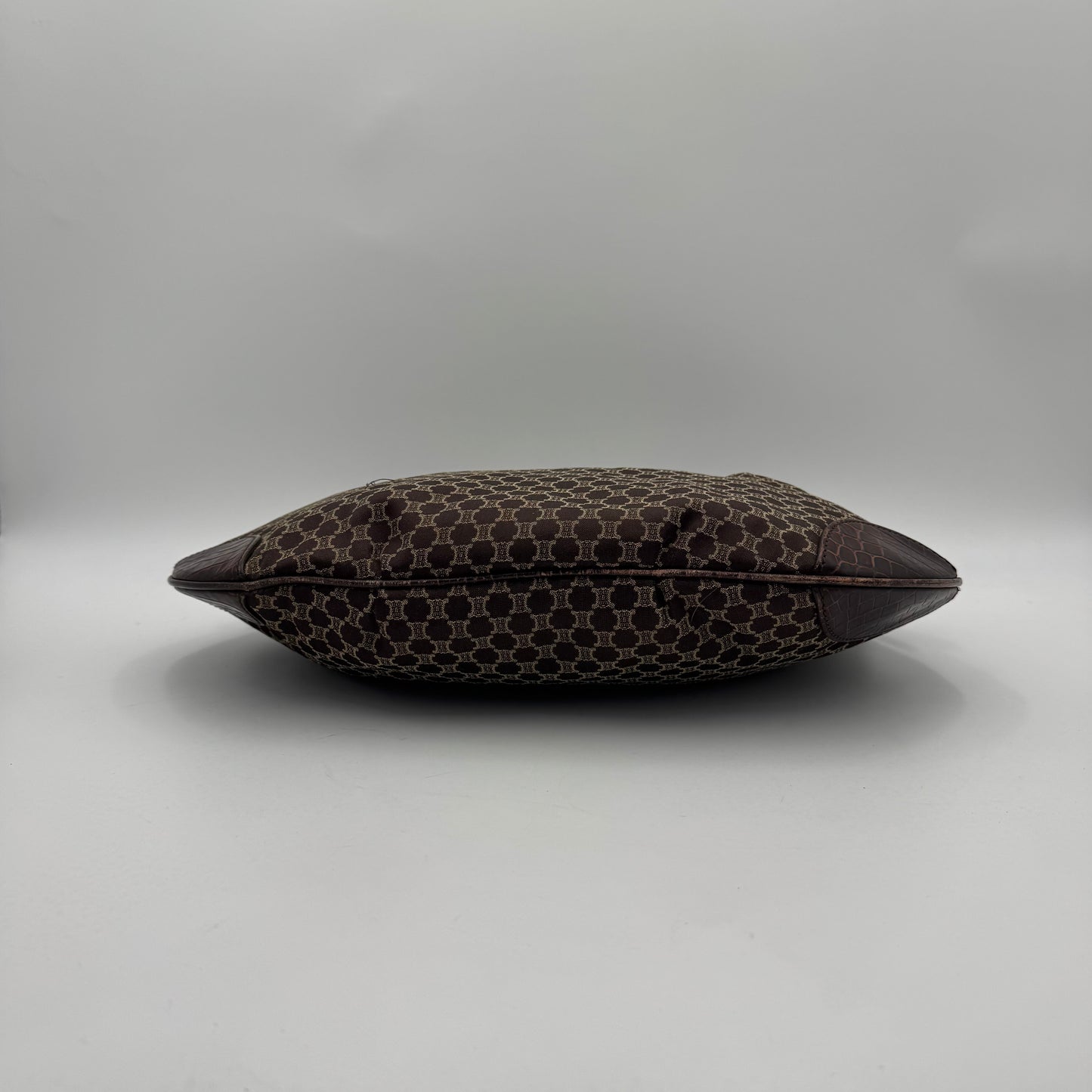 Celine Paris Brown Macadam Cloth and Croc Embossed Leather Hobo Shoulder Bag