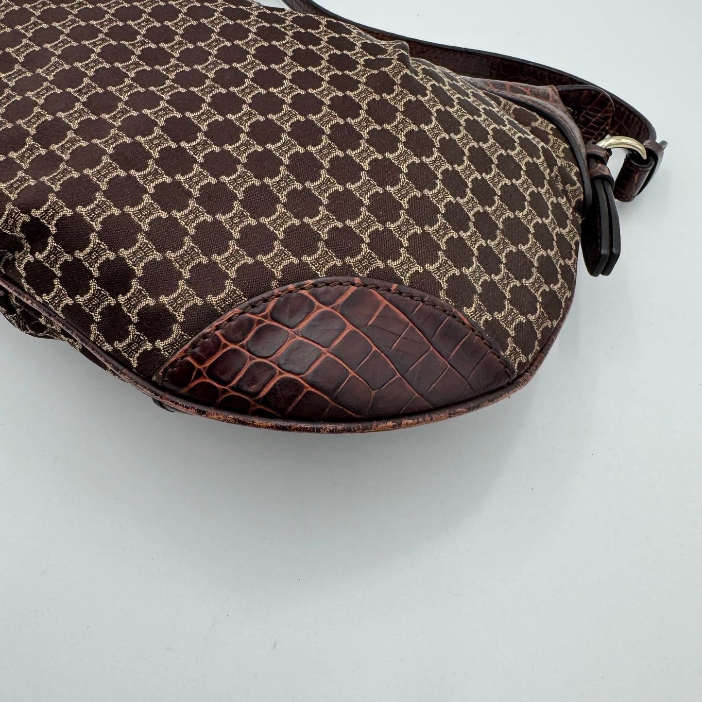 Celine Paris Brown Macadam Cloth and Croc Embossed Leather Hobo Shoulder Bag