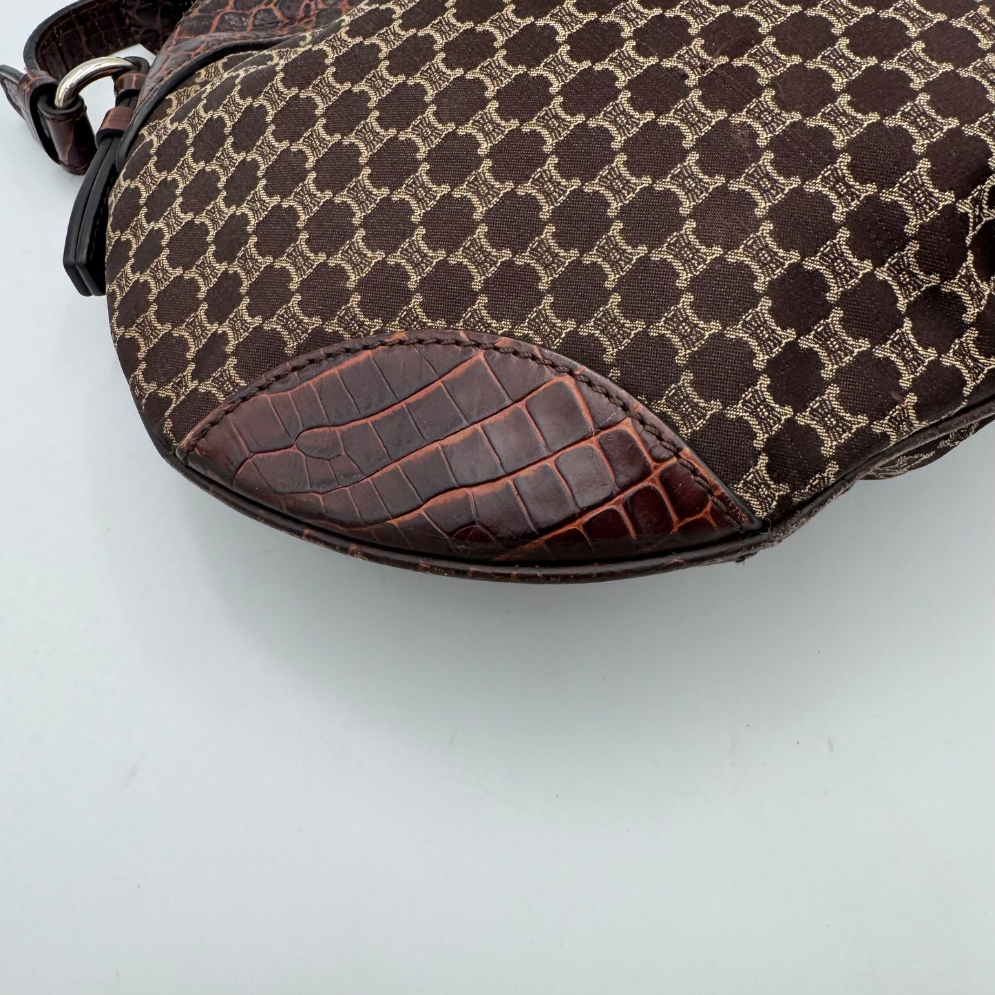 Celine Paris Brown Macadam Cloth and Croc Embossed Leather Hobo Shoulder Bag