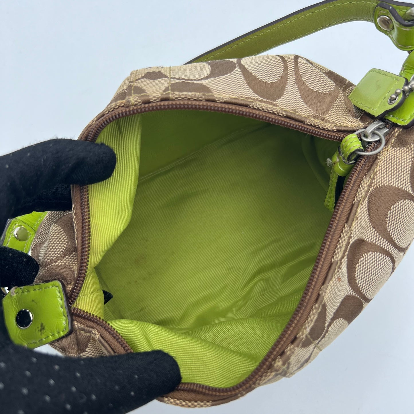 Coach C Signature Canvas Apple Green Stripe Pochette Handbag