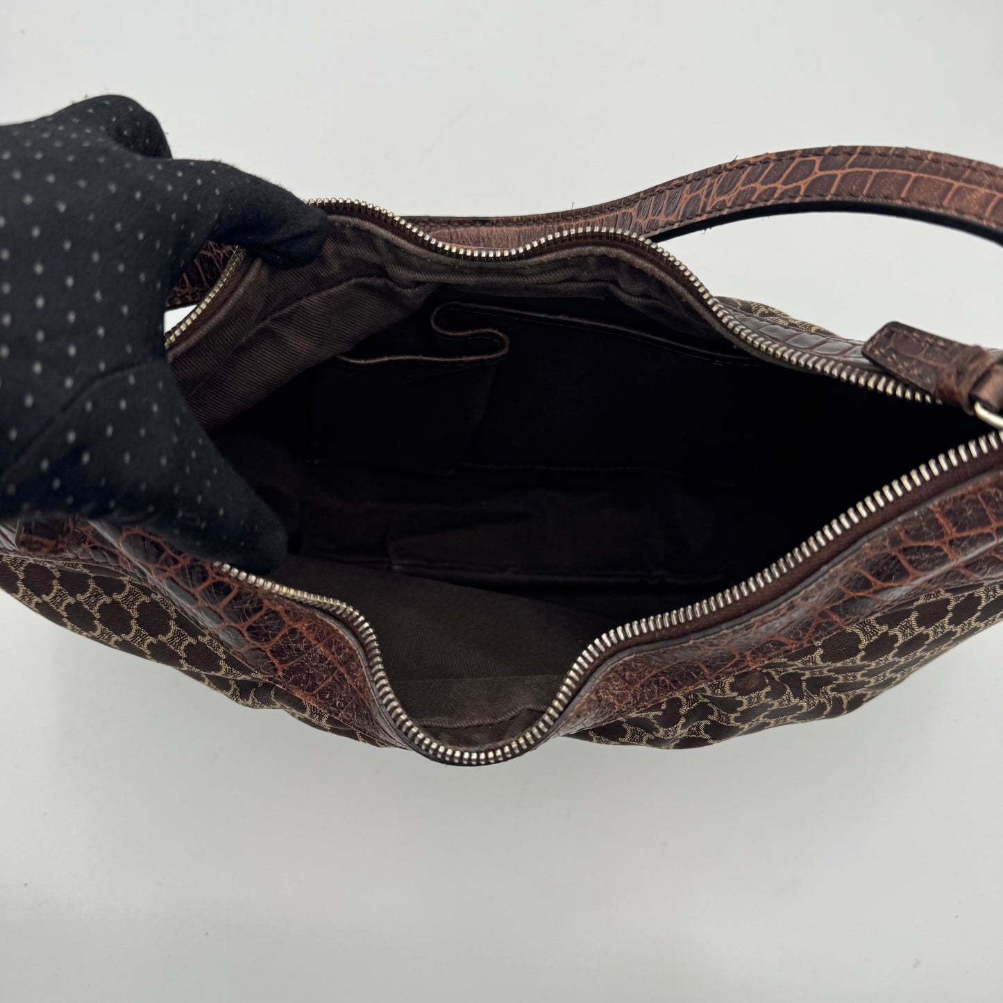 Celine Paris Brown Macadam Cloth and Croc Embossed Leather Hobo Shoulder Bag