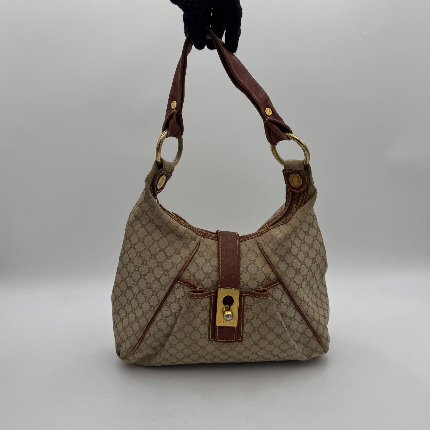 Celine Paris Macadam Canvas and Brown Leather Hobo Shoulder Bag