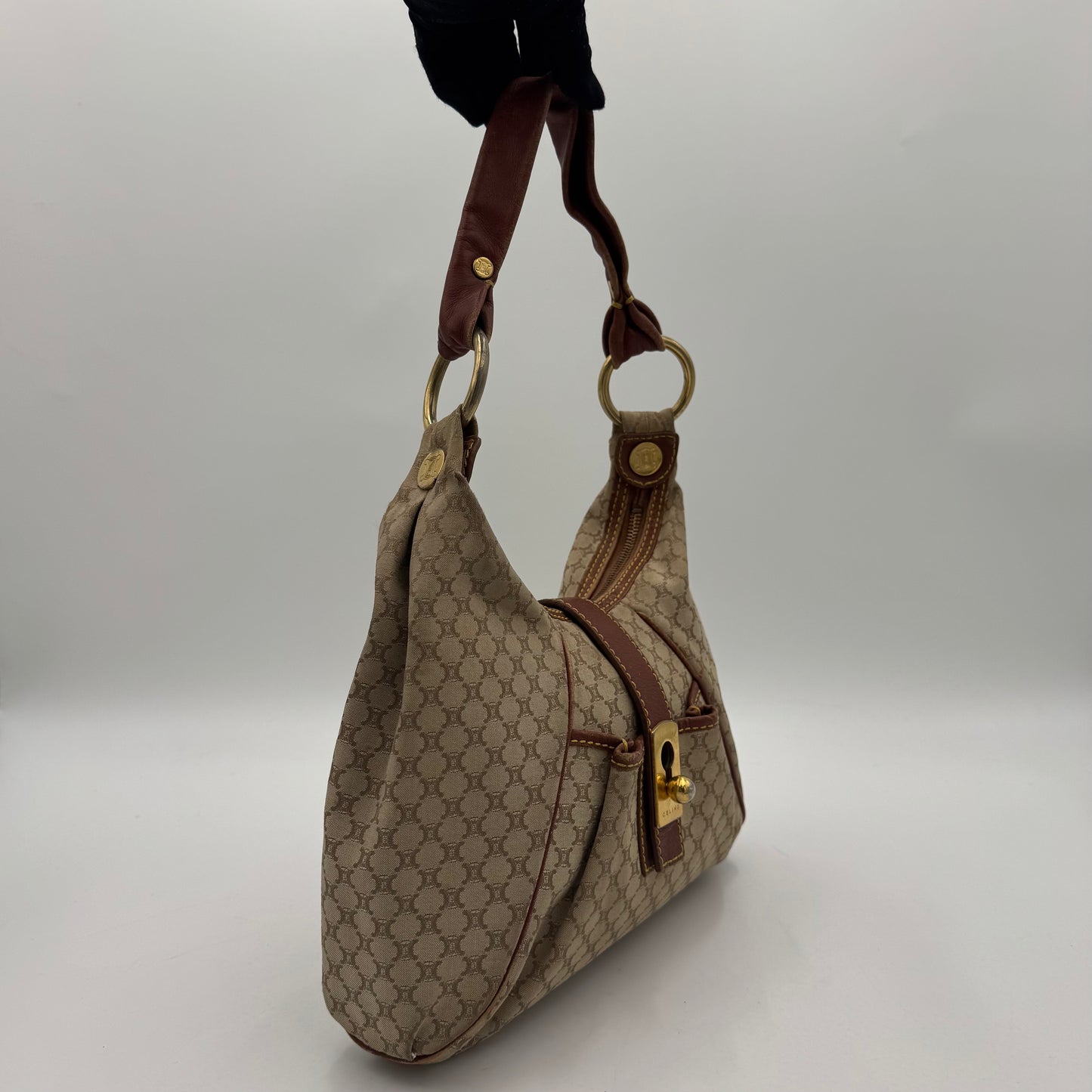 Celine Paris Macadam Canvas and Brown Leather Hobo Shoulder Bag
