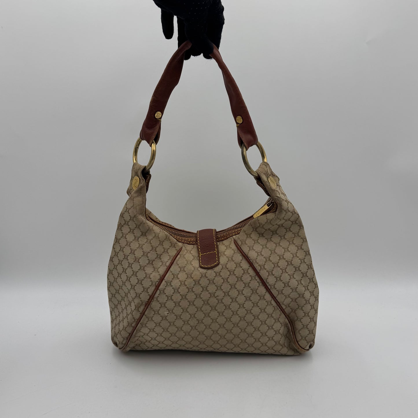 Celine Paris Macadam Canvas and Brown Leather Hobo Shoulder Bag