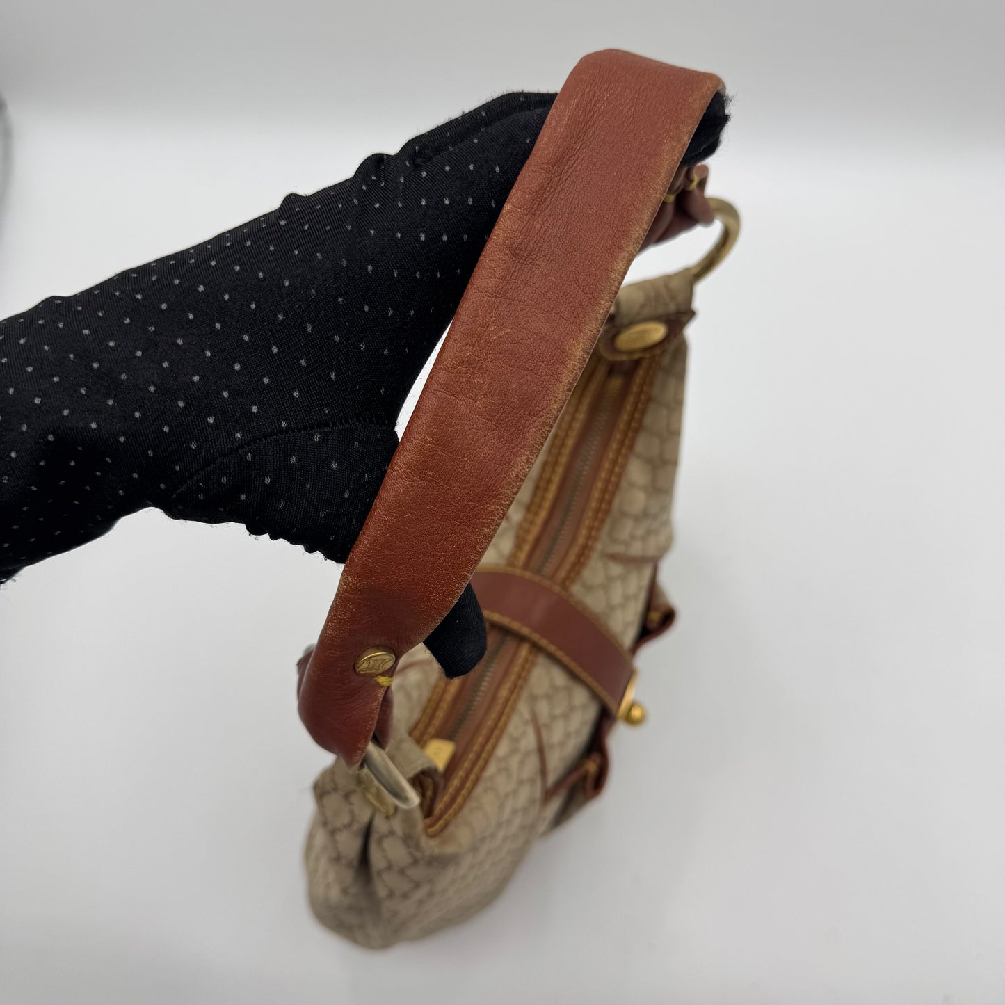 Celine Paris Macadam Canvas and Brown Leather Hobo Shoulder Bag