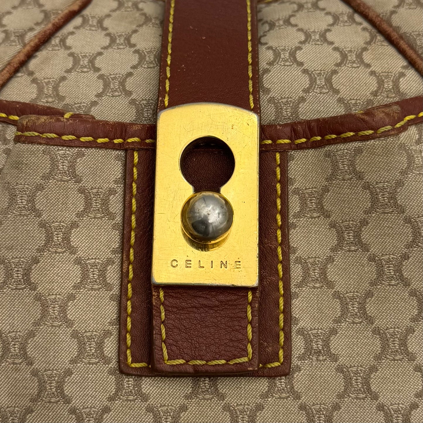 Celine Paris Macadam Canvas and Brown Leather Hobo Shoulder Bag