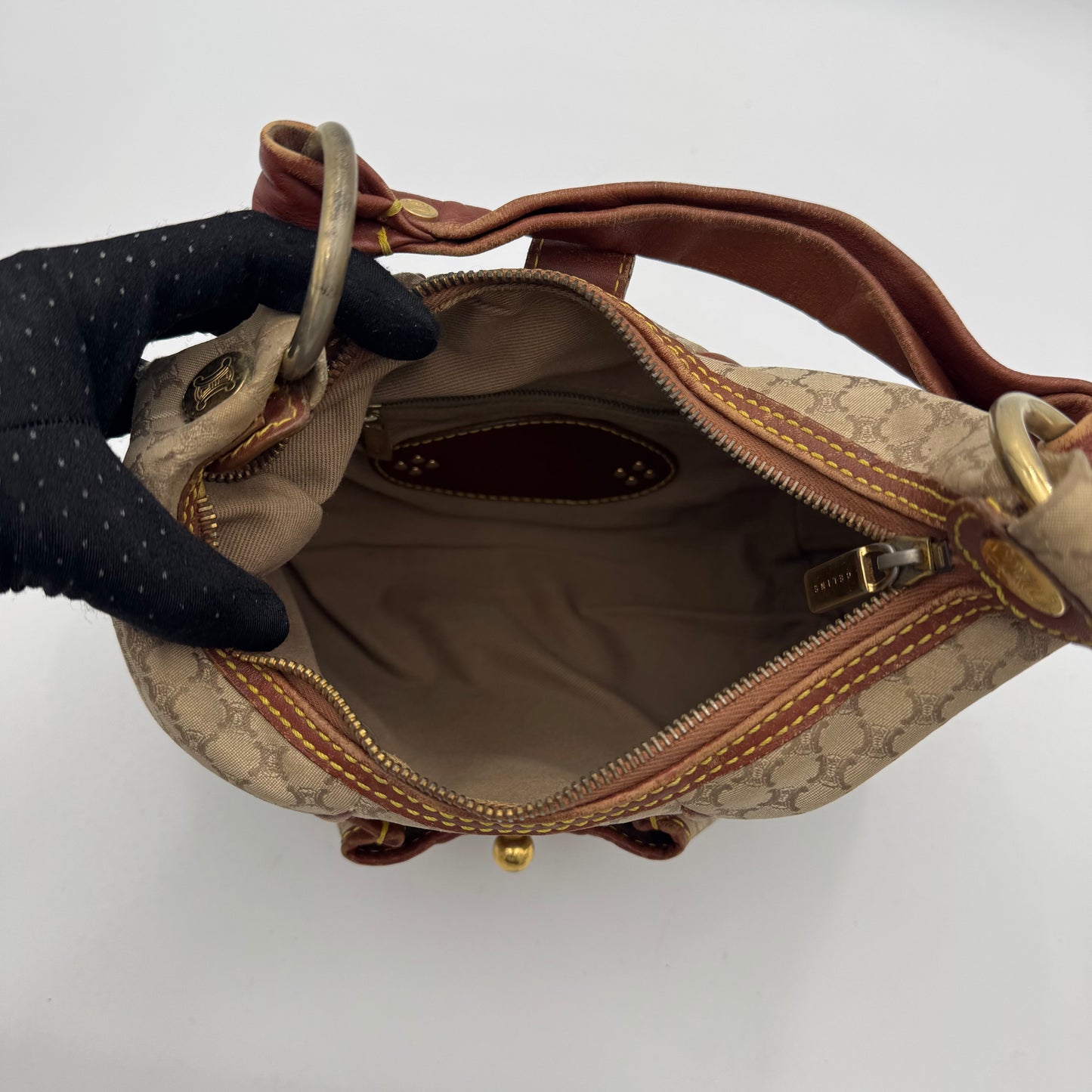 Celine Paris Macadam Canvas and Brown Leather Hobo Shoulder Bag