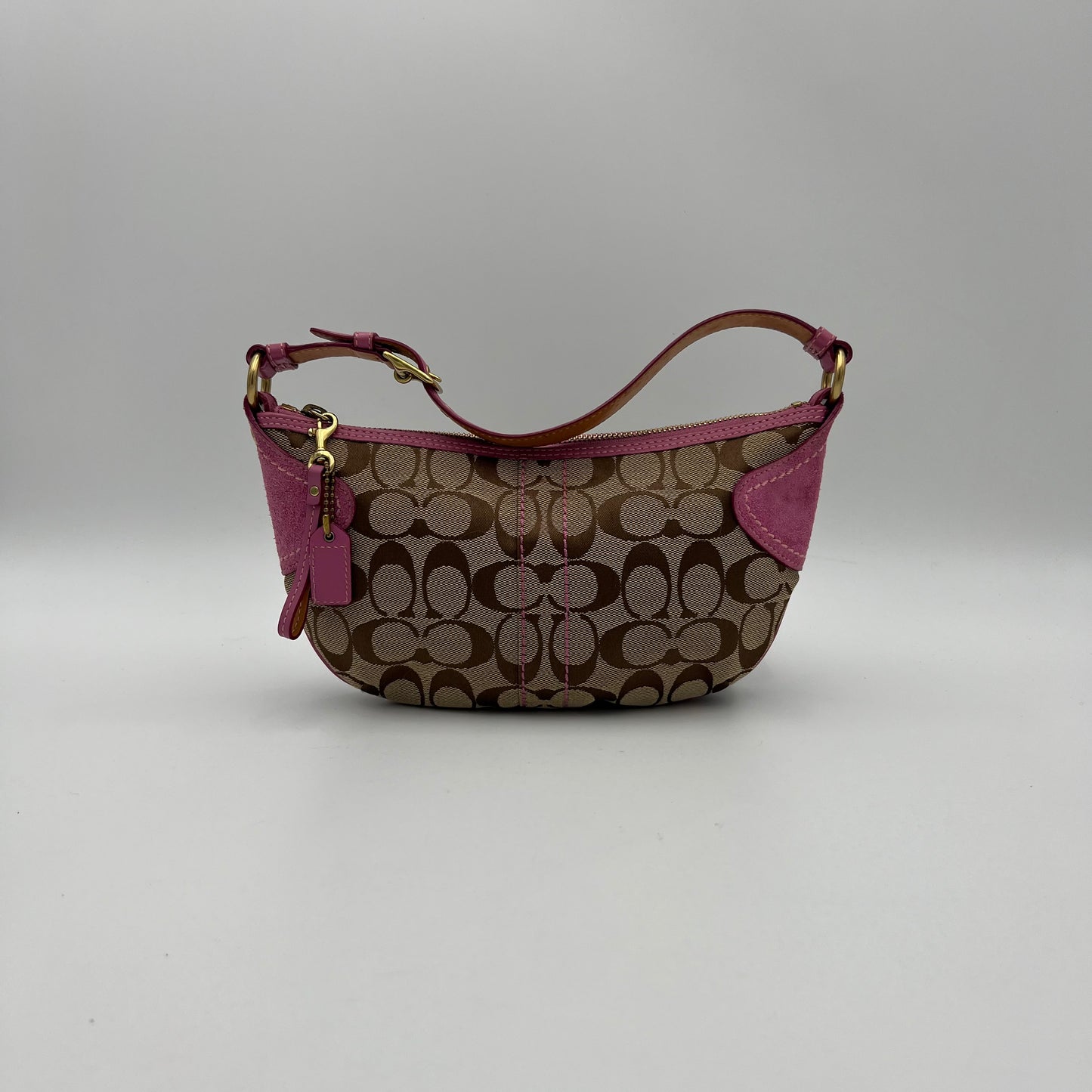 Coach Signature Canvas Pink Suede Leather Hobo Pochette