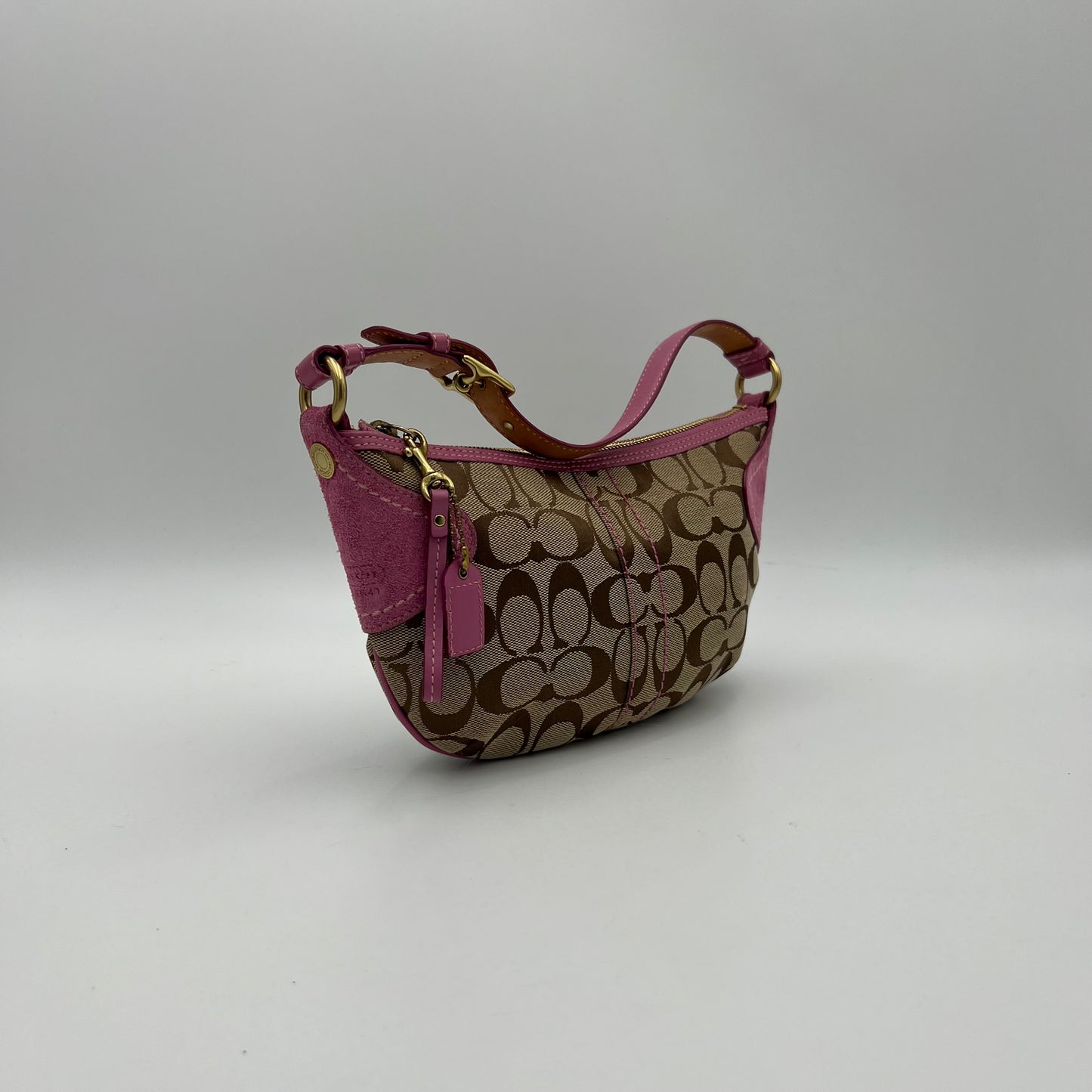 Coach Signature Canvas Pink Suede Leather Hobo Pochette
