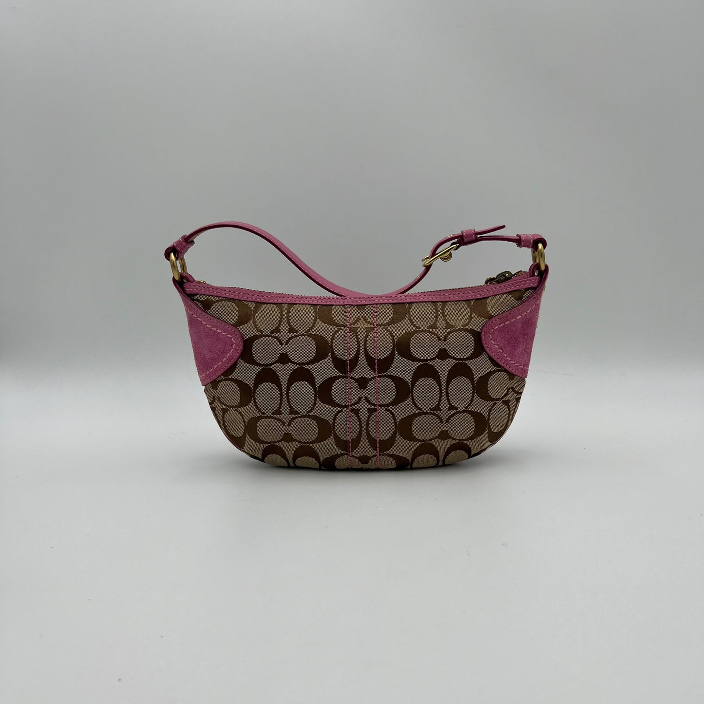 Coach Signature Canvas Pink Suede Leather Hobo Pochette
