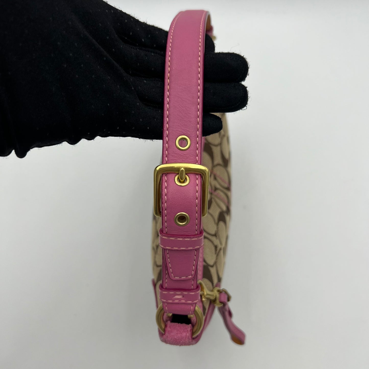 Coach Signature Canvas Pink Suede Leather Hobo Pochette