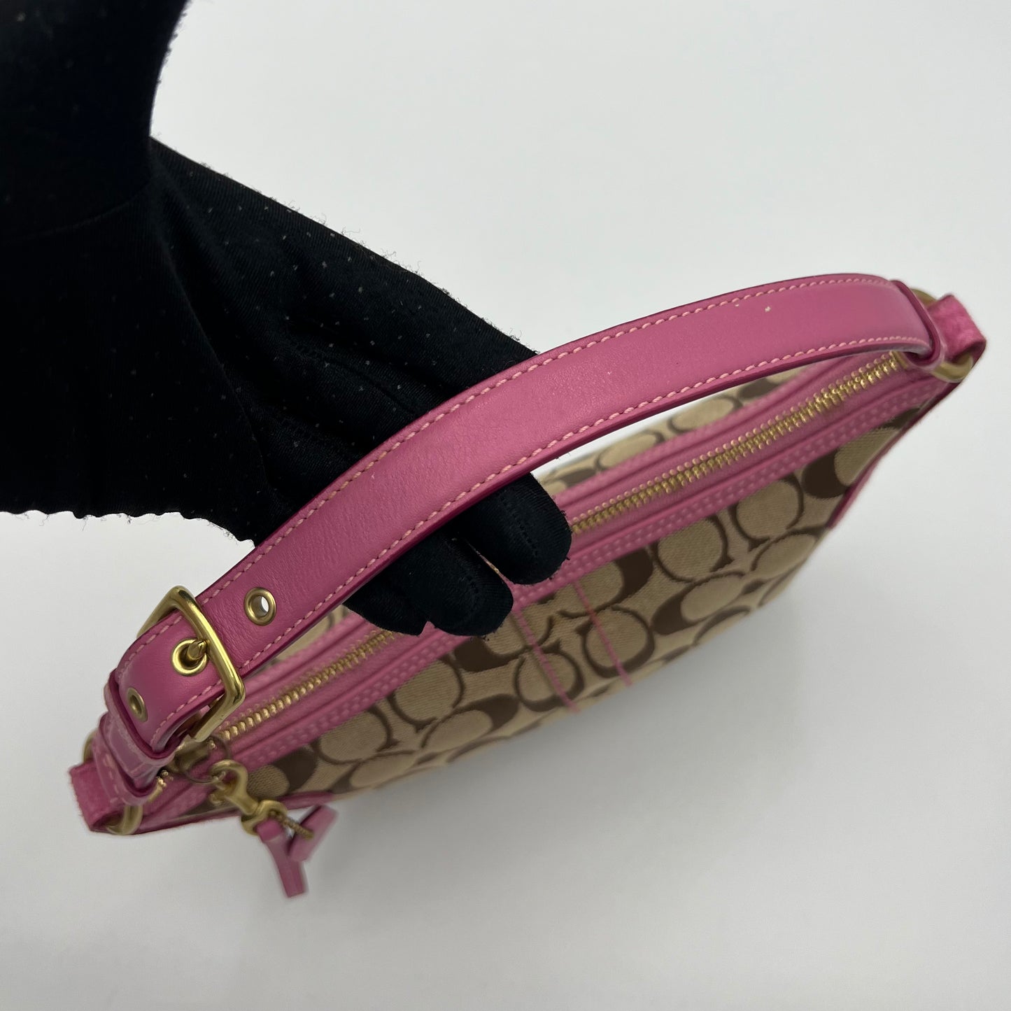 Coach Signature Canvas Pink Suede Leather Hobo Pochette