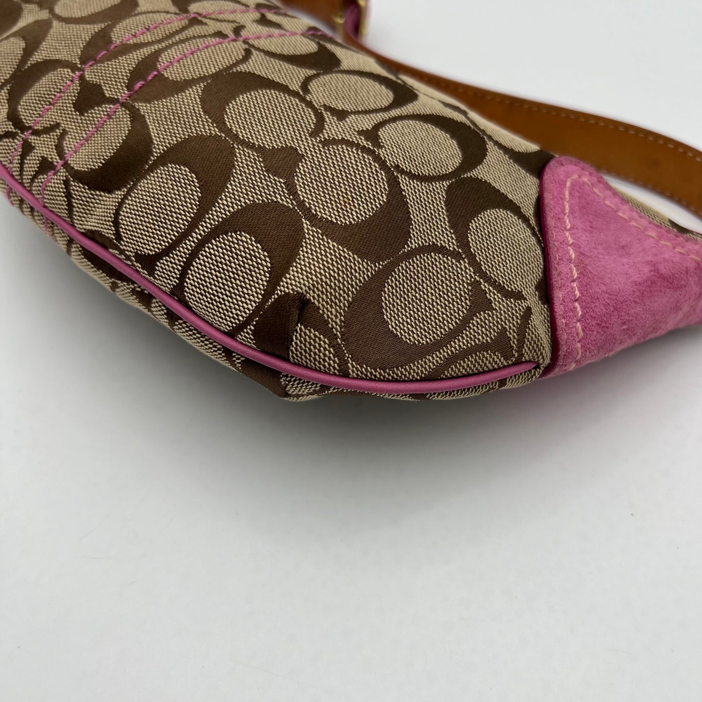 Coach Signature Canvas Pink Suede Leather Hobo Pochette