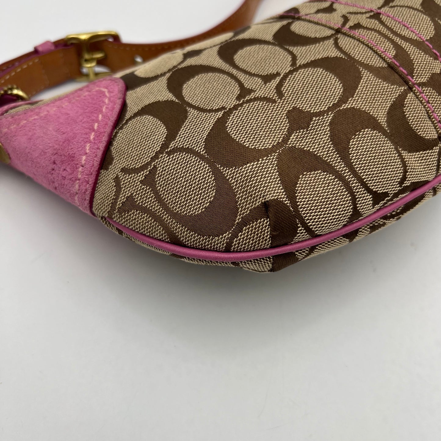 Coach Signature Canvas Pink Suede Leather Hobo Pochette