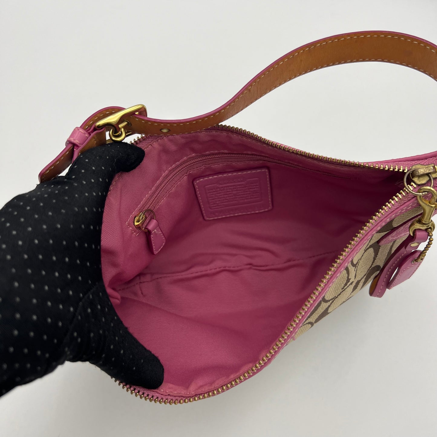 Coach Signature Canvas Pink Suede Leather Hobo Pochette