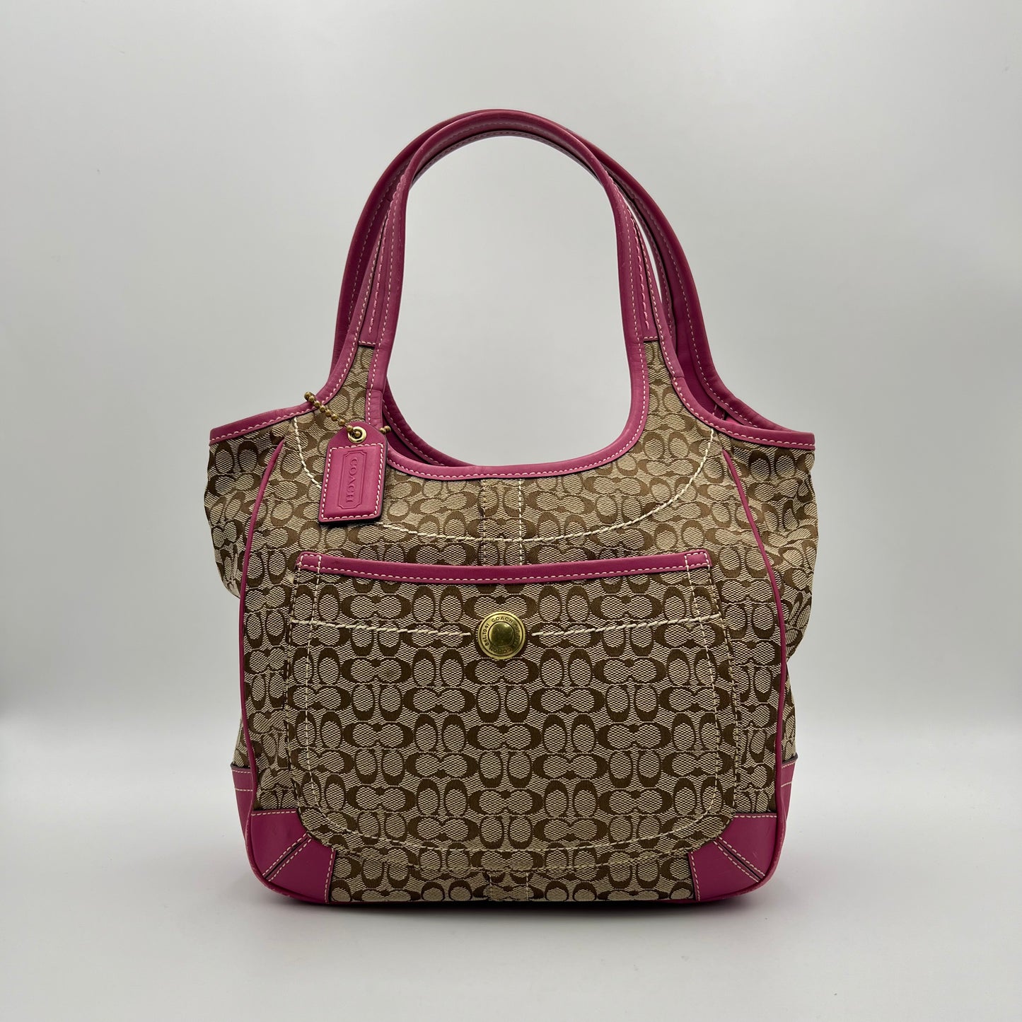 Coach Beige C Signature Canvas Pink Leather Hobo Shoulder Bag