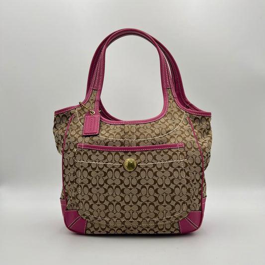 Coach Beige C Signature Canvas Pink Leather Hobo Shoulder Bag