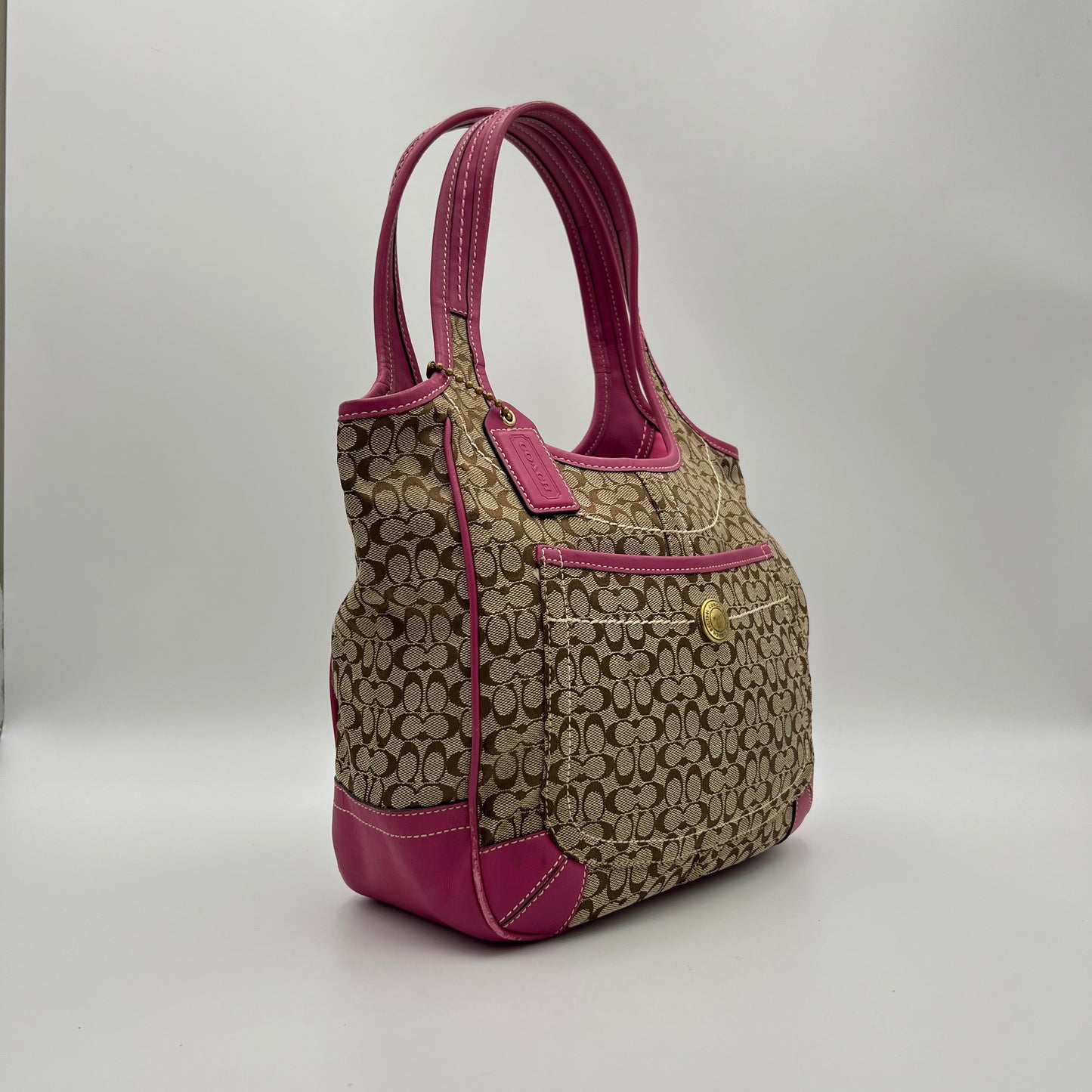 Coach Beige C Signature Canvas Pink Leather Hobo Shoulder Bag