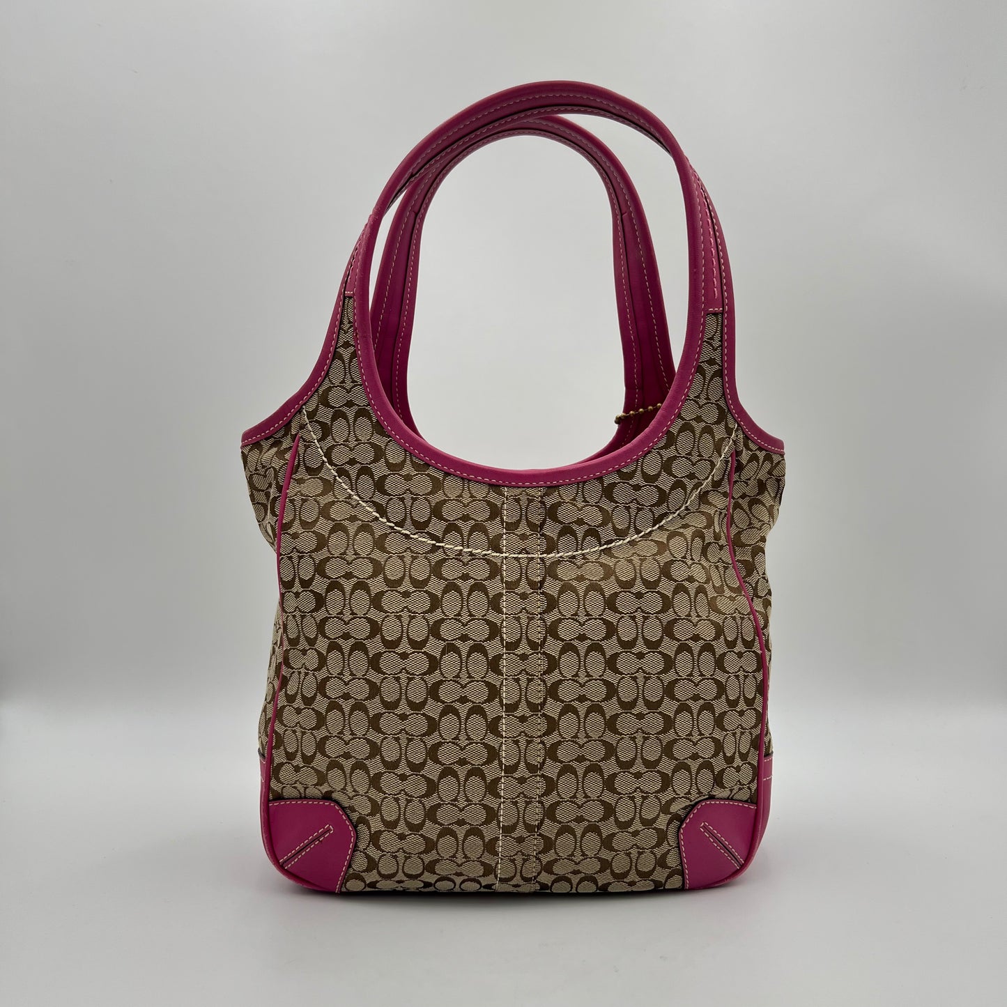 Coach Beige C Signature Canvas Pink Leather Hobo Shoulder Bag