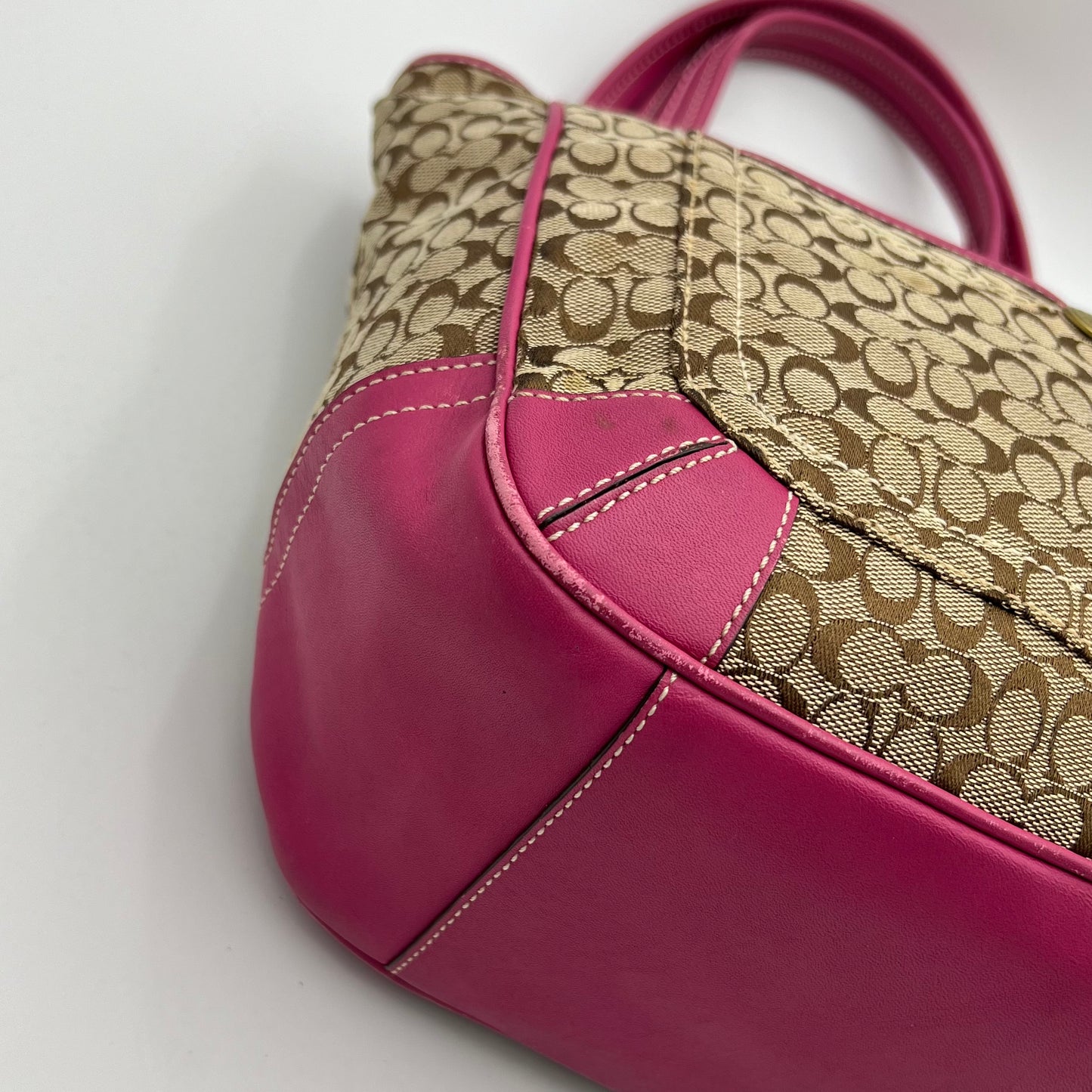 Coach Beige C Signature Canvas Pink Leather Hobo Shoulder Bag