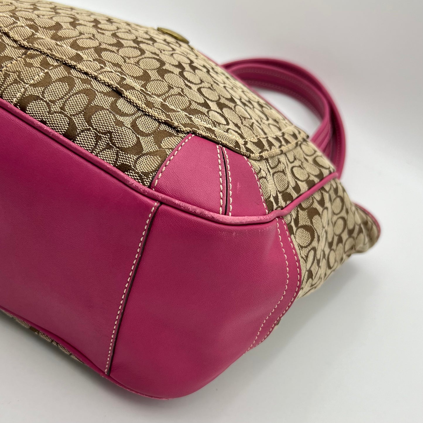 Coach Beige C Signature Canvas Pink Leather Hobo Shoulder Bag