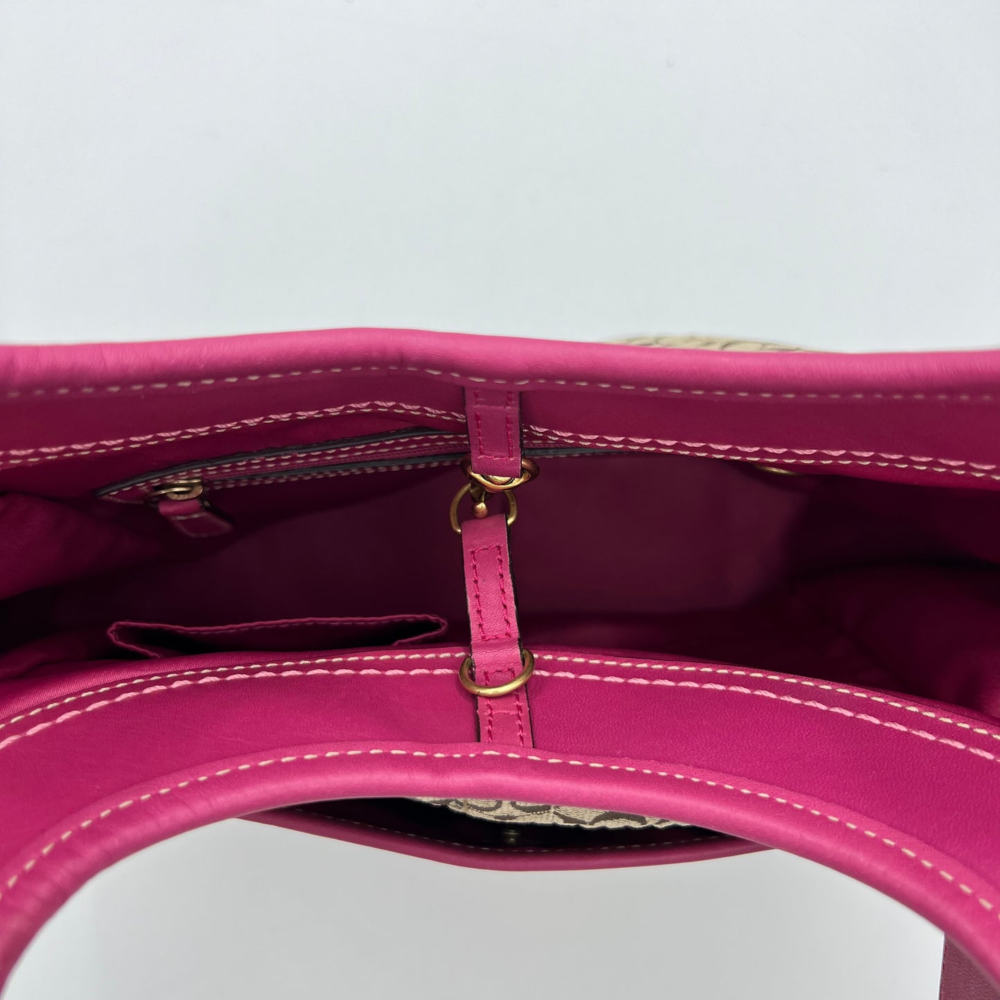 Coach Beige C Signature Canvas Pink Leather Hobo Shoulder Bag