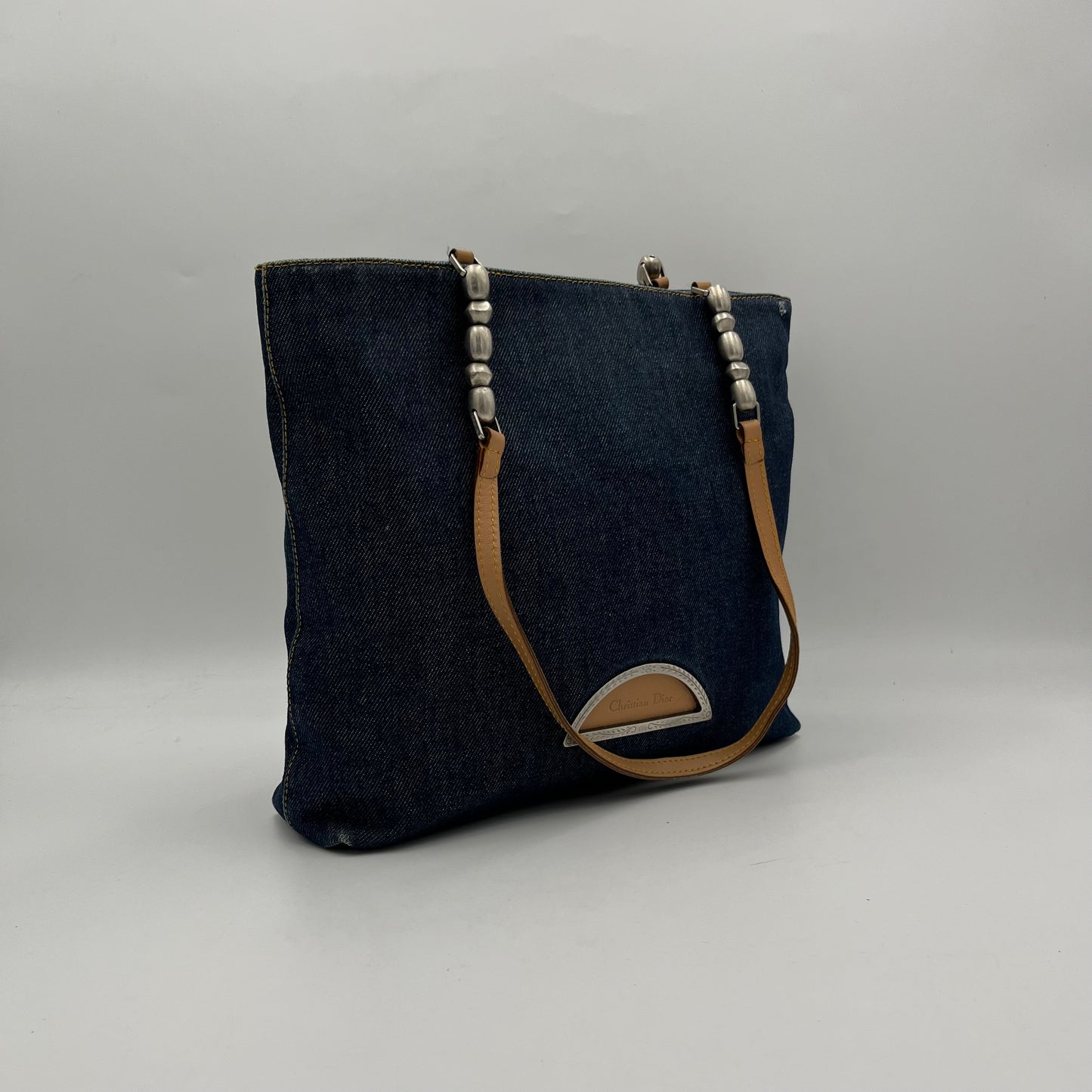 Christian Dior Blue Denim and Leather Maris Pearl Tote