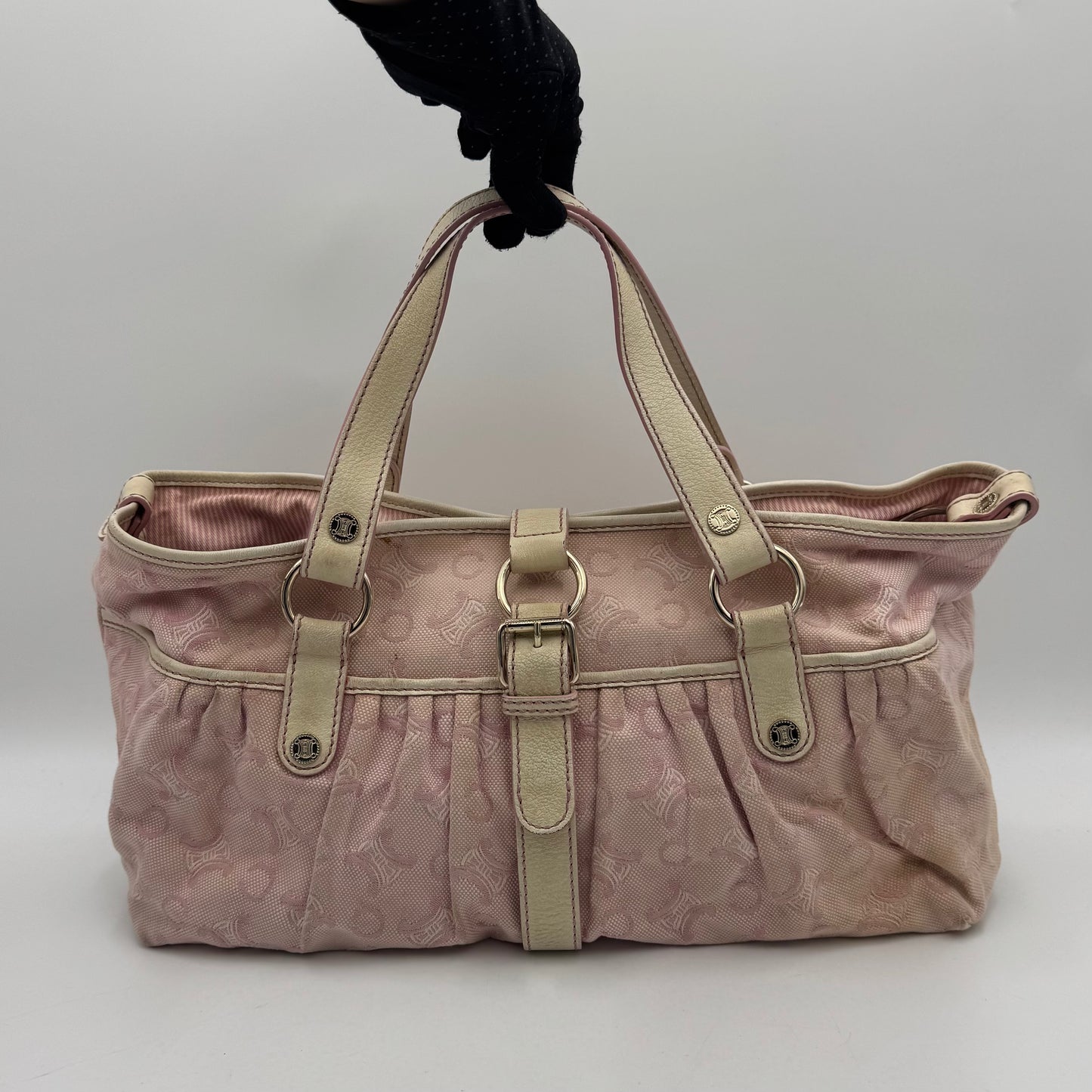 Celine Paris Pink C Macadam Canvas and White Leather Handbag