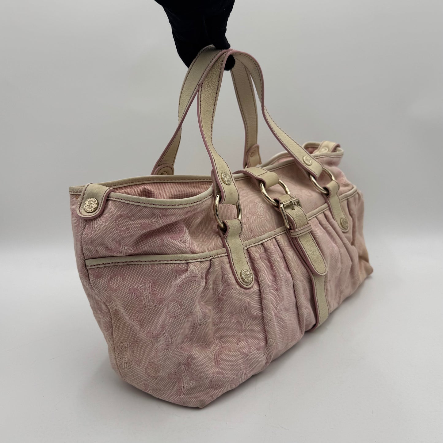 Celine Paris Pink C Macadam Canvas and White Leather Handbag