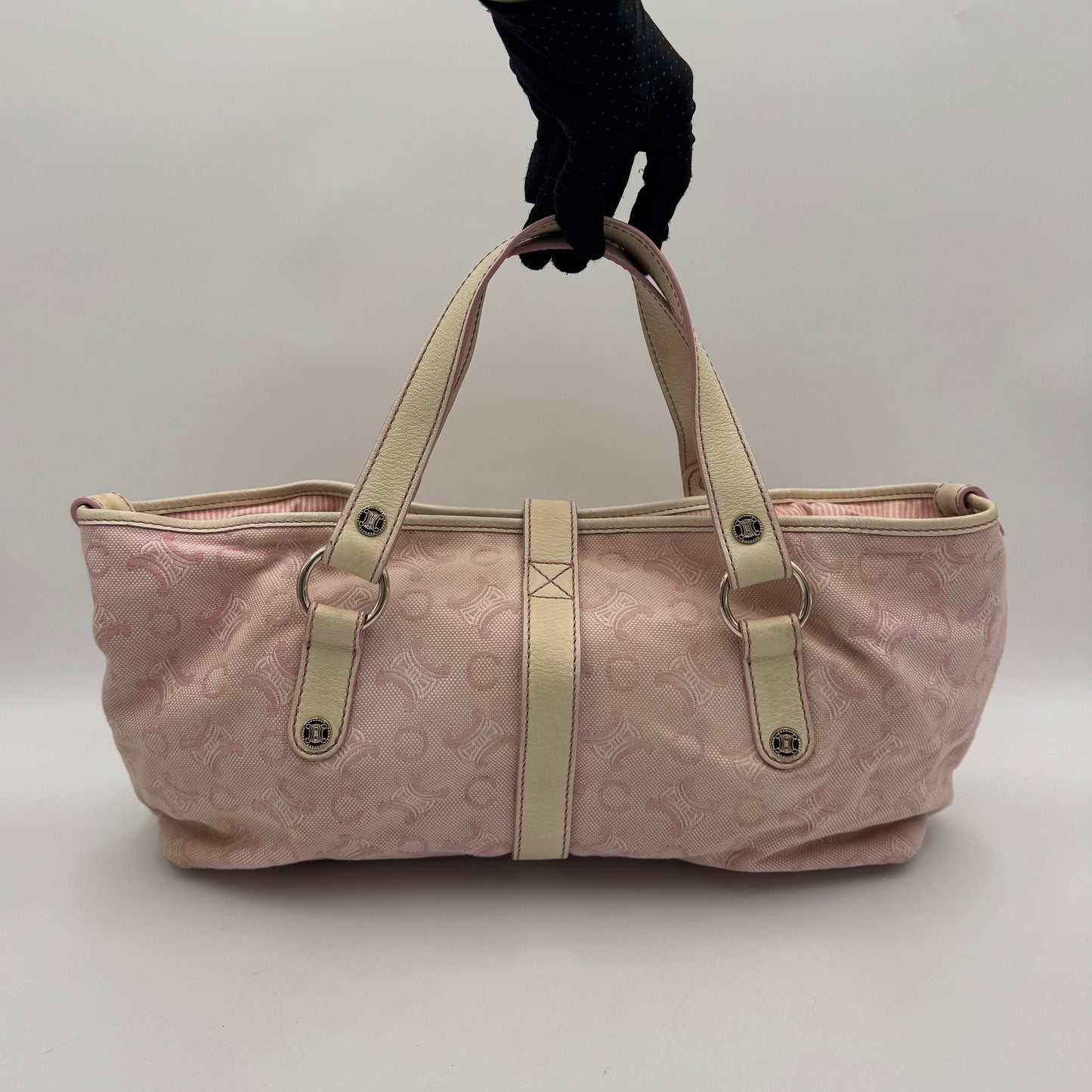 Celine Paris Pink C Macadam Canvas and White Leather Handbag