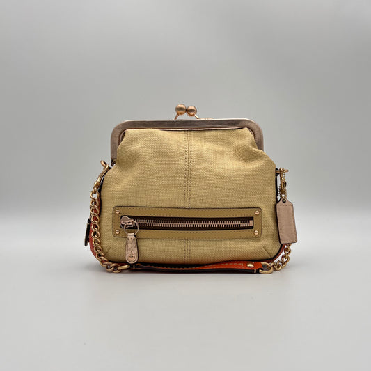 Coach Woven Straw Orange Leather Foldover Kisslock Bonnie Shoulder Bag