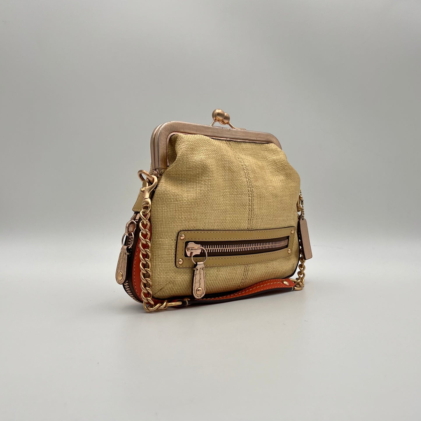 Coach Woven Straw Orange Leather Foldover Kisslock Bonnie Shoulder Bag