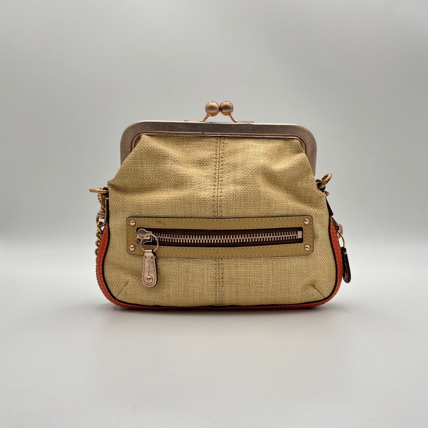 Coach Woven Straw Orange Leather Foldover Kisslock Bonnie Shoulder Bag